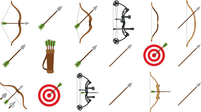 Archery and bow hunting equipment vector set with traditional longbows compound bows arrows quiver leather holder targets and outdoor sport gear