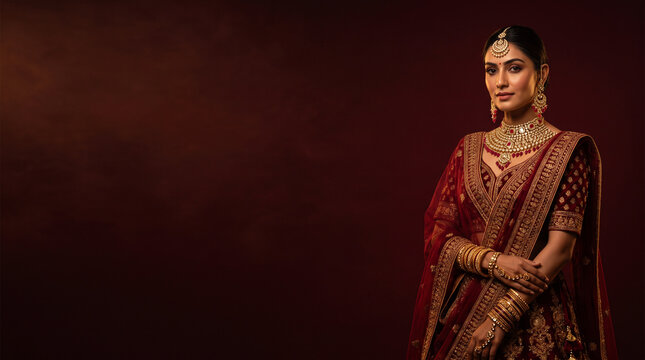 Elegant indian woman in bridal lehenga with exquisite gold and pearl jewelry