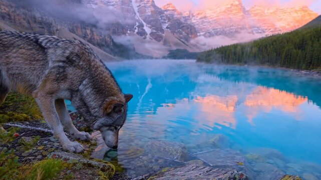 Wild gray wolf drinking water from a calm mountain lake at sunrise in