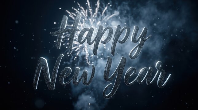 Happy New Year greeting with sparkling silver text and bright fireworks display in dark night sky