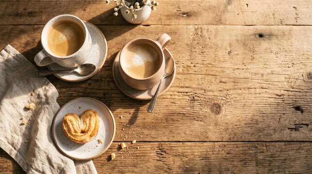 Two cups of coffee and a heart-shaped pastry on a rustic wooden table