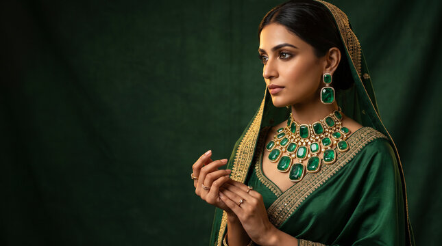 Elegant indian woman in traditional green attire and exquisite emerald gold jewelry