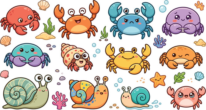 Adorable marine animal clipart set containing kawaii crabs sea snails seashells and ocean bubbles isolated on white