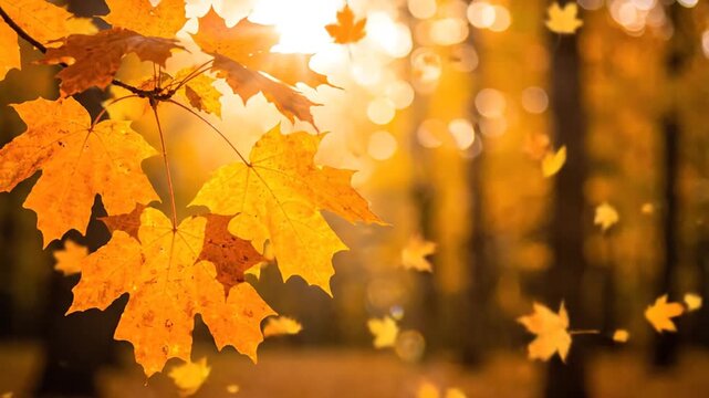 Golden maple leaves glowing in autumn forest sunlight
