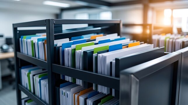 Professional Office Filing Cabinet System with Organized Colorful Document Folders on Black Metal Shelves, Background Blurred Corporate Office Interior with Warm Natural Lighting