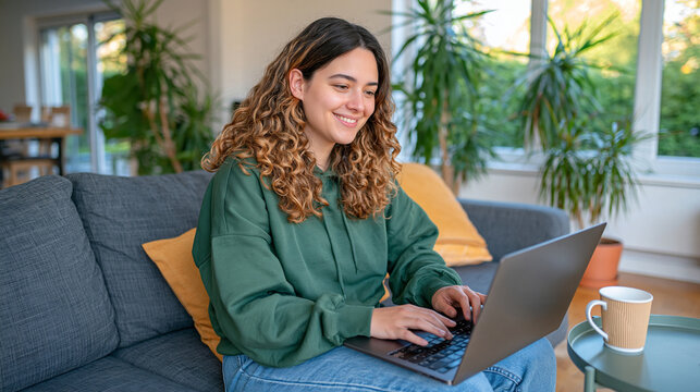 Adult woman working on an online business project with laptop while sitting on a neutral sofa, rear view, bright modern living room filled with houseplants, coffee mug and wireless headphones on cof