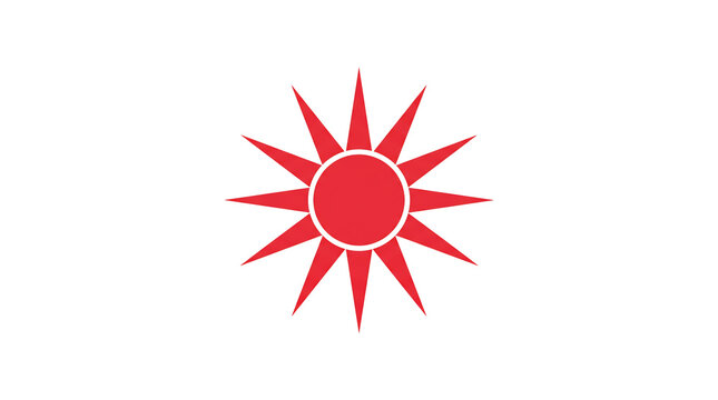 Minimalist red sun symbol icon with symmetrical rays on a plain white background