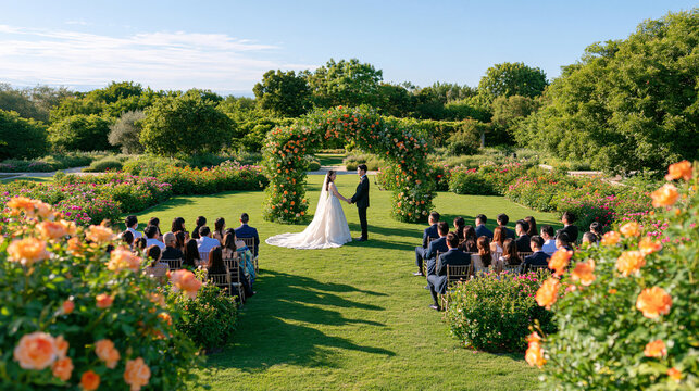 Drone flying above a sunny garden wedding ceremony, bride and groom facing each other while holding hands beneath an elegant floral arch, wedding guests sitting on chairs along both sides of the ais