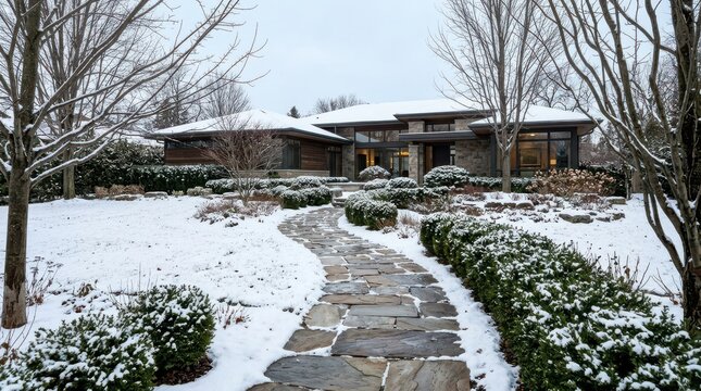Winding flagstone path leads through a snow-covered front yard toward a modern house with stone and wood exterior under a winter sky.