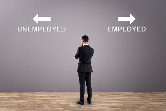 Businessman Choosing Between Unemployed and Employed Directions, Career Path Decision, Corporate Future Vision and Professional Work Opportunity.