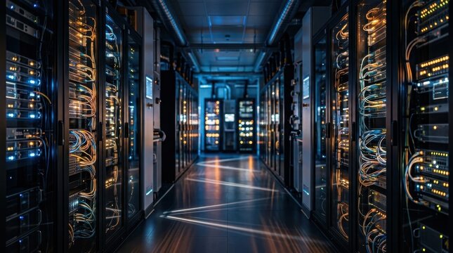 Modern blue lit data center hallway with network servers, cloud computing infrastructure