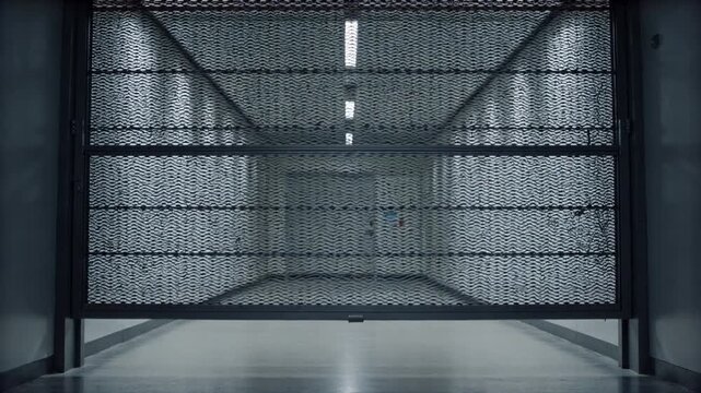 Motorized security shutter lowering across a server room