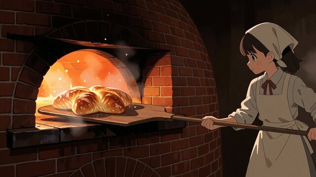 レンガ造りの窯から木製ピールで焼き上がったパンを取り出すエプロン姿の女性のイラスト