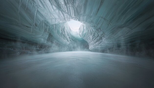 Imaginary surreal ice cave, fictional glacier cavern with ceiling opening, vast frozen interior landscape