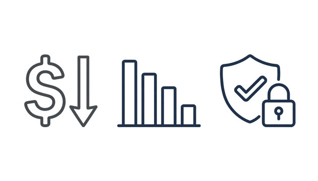 Financial icons set with dollar decrease chart and security shield on