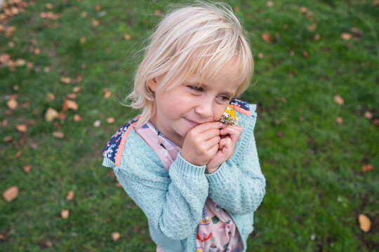 Cute Little Blonde Girl Holding Wildflowers Outdoors in Park