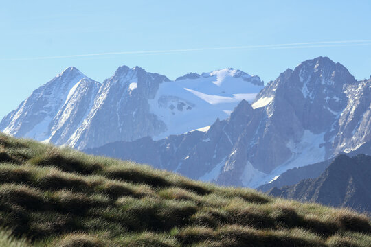 Glacier peaks of Adamello-Presanella group seen from trail to Cima de Bleis, Lombardy, Italy