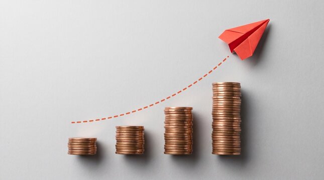 Red paper airplane flying over four rising stacks of metallic coins on a white background with airplane flies