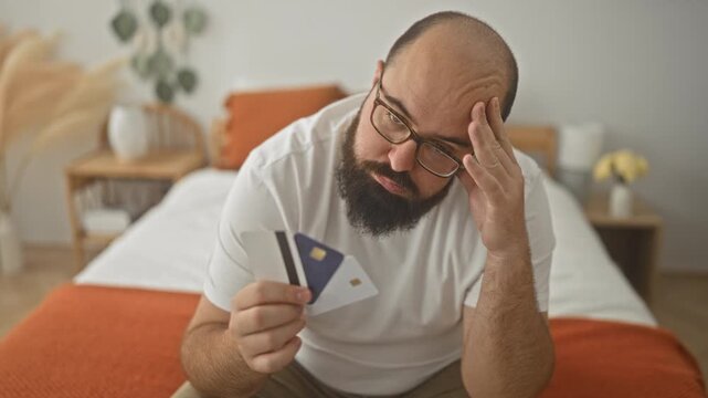 Man with beard and glasses holding creditcard and hand on forehead while sitting on bed inside a building, looking worried; financial anxiety.