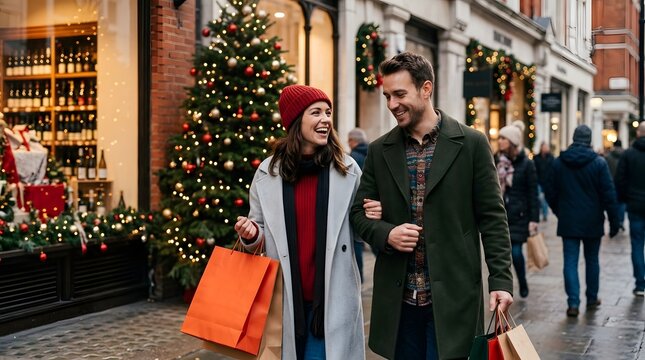 A bustling city street scene captures the joyous spirit of christmas shopping filled with festive decorations and eager shoppers