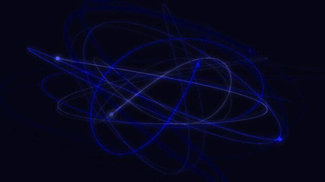an abstract animation or graphic featuring glowing blue and violet light streaks and trajectories against a dark background,