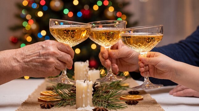Family hands clinking crystal champagne coupes for christmas