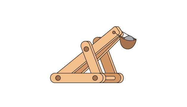 Wooden medieval siege catapult weapon loaded with round stone projectile ready to launch on white background.