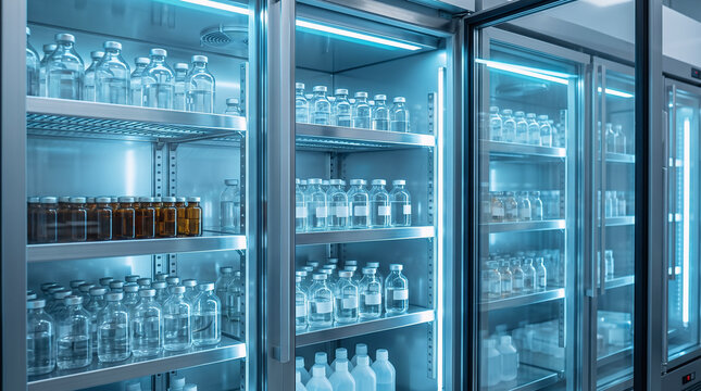 premium view inside a modern sterile laboratory reagent refrigerator with neatly organized transparent bottles, amber glass containers and clear reagent vials arranged on clean shelves