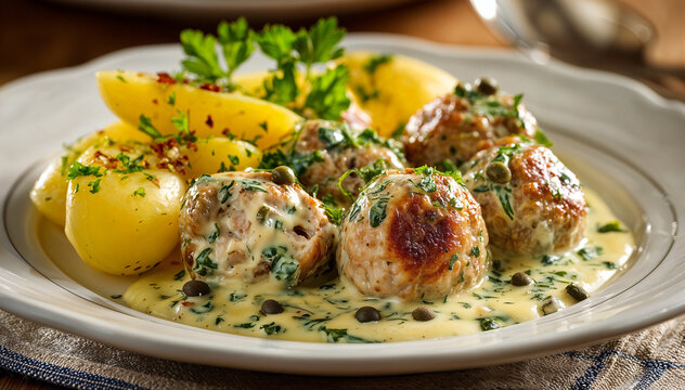 Plate of tender meatballs in a creamy white caper sauce served with boiled potato wedges and fresh parsley, a classic German home-style dish shot close up in warm natural light.