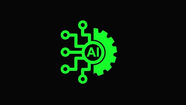 Green artificial intelligence logo icon with circuit board lines and a gear shape representing technology and computer machine learning on a dark background