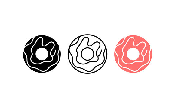Modern donut icons, set of 3 glazed doughnut graphics in black and pink, minimalist food symbols for menu design and web interface