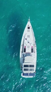 Aerial view yacht solar panels turquoise sea anchored above coral shelf, calm deep blue water, serene sustainable luxury escape, sunlight reflecting on panels, drone perspective, Maldives
