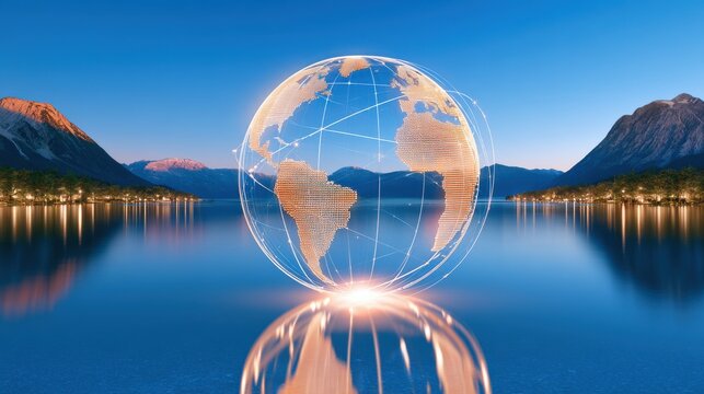 Tranquil mountain lake reflecting giant glowing sphere of data hovering above calm water network communication