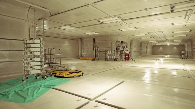 maintenance tools and tarp spread across interior deck, wiring and toolbox staged for repair work, safety gear and temporary setup creating industrious scene