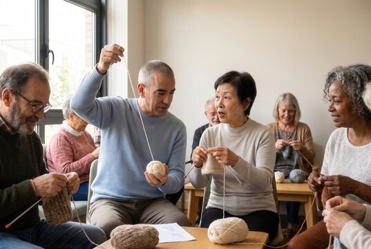 Senior people enjoying knitting together in a leisure class, fostering community and friendship