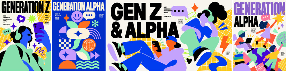 Obraz na płótnie Canvas Generations Z and Alpha. Abstract vector illustration of digital culture, youth, young people, children, new generation, and the future; geometric shapes, trendy typography and social media icons for 