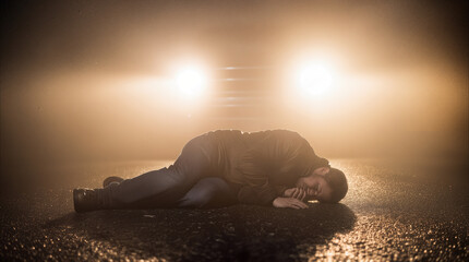 Fototapeta premium Injured man lying on asphalt road in front of car headlights at night. Hit and run accident scene with victim on ground.