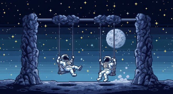 Cosmic Childhood - Pixel Art Astronauts Swinging Playfully by a Luminous Moon.