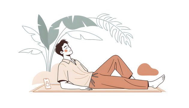 Vector illustration of a man lying down and relaxing under tropical leaves for mental health and leisure concept.
