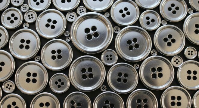 Industrial Chic: Macro View of Assorted Silver Metal Buttons on Black