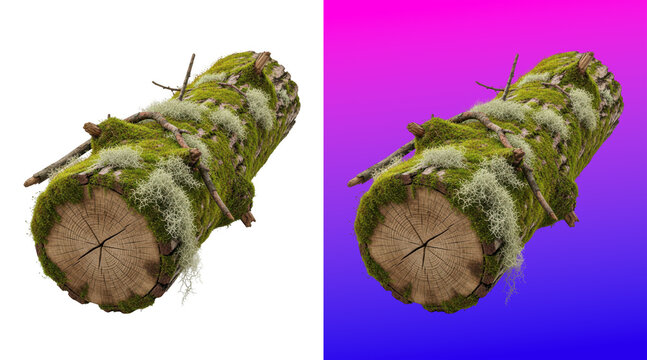 Mossy tree log with lichen and small twigs isolated on a plain white background wood