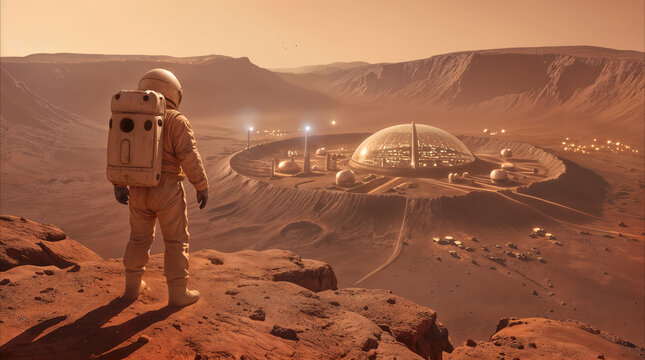 Astronaut overlooking futuristic colony on Mars-like planet. Space exploration and interplanetary colonization concept.