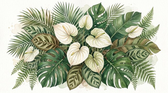 Watercolor tropical leaves and white anthurium flowers botanical illustration