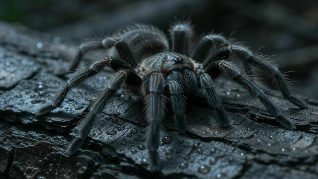 Hairy tarantula spider crawling on wet tree bark, dark macro view of a large arachnid, cinematic wildlife video of a black tarantula