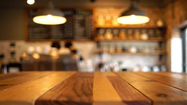 Warm wooden table in cozy blurred coffee shop interior