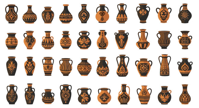 Massive set of ancient Greek vases and amphorae features traditional black and terracotta patterns and historical pottery designs for art.