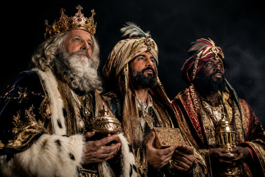 Los Tres Reyes Magos de Oriente con vestiduras reales y regalos de oro en una escena navide&ntilde;a