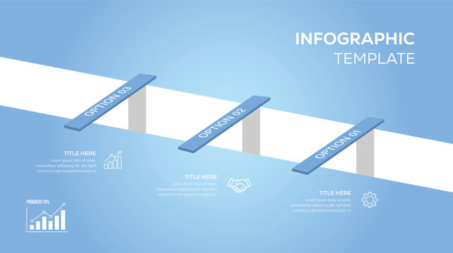 Business roadmap infographic template, cross the bridge concept with 3 steps and icons for strategy and presentation.