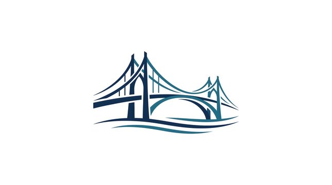A stylized graphic vector illustration of a modern suspension bridge with arches and cables, designed in shades of navy blue and teal over abstract water waves on a white background
