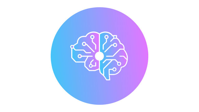 Digital brain circuitry concept depicted with lines and nodes representing artificial intelligence and neural network connections inside a gradient circle symbolizing advanced technology and